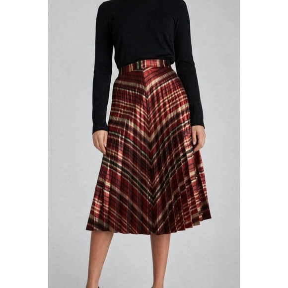 Zara Dresses & Skirts - Zara Claret Metallic Pleated Midi Skirt Size Medium Black Red Gold